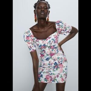 Zara White Floral Dress with Matching Belt, Size XS, New With Tags